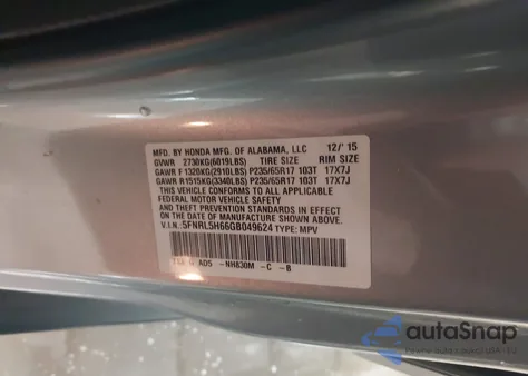 2016 Honda Odyssey Ex-L из США, поврежденный, VIN 5FNRL5H66GB049624